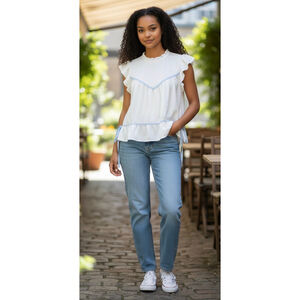 Women's Kori America White & Blue Ruffle Blouse L Super Sweet